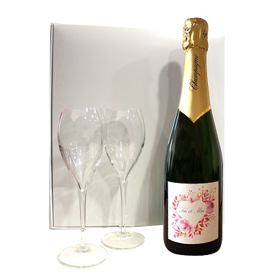 Coffret à vin + 2 coupes à champagne gravées en cadeau pour mariage ou  anniversaire